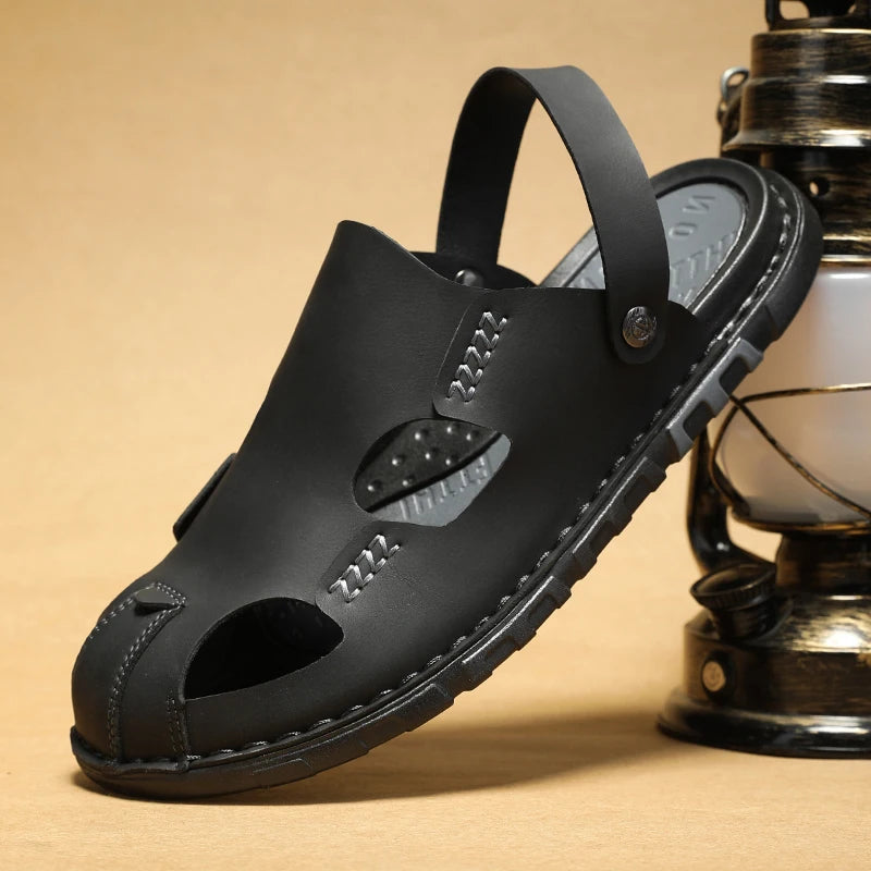 New Men's Leather Sandals Summer Slippers Beach Sandals Hollow Fashion Comfortable Outdoor Leisure Sports Sandals Large Shoes