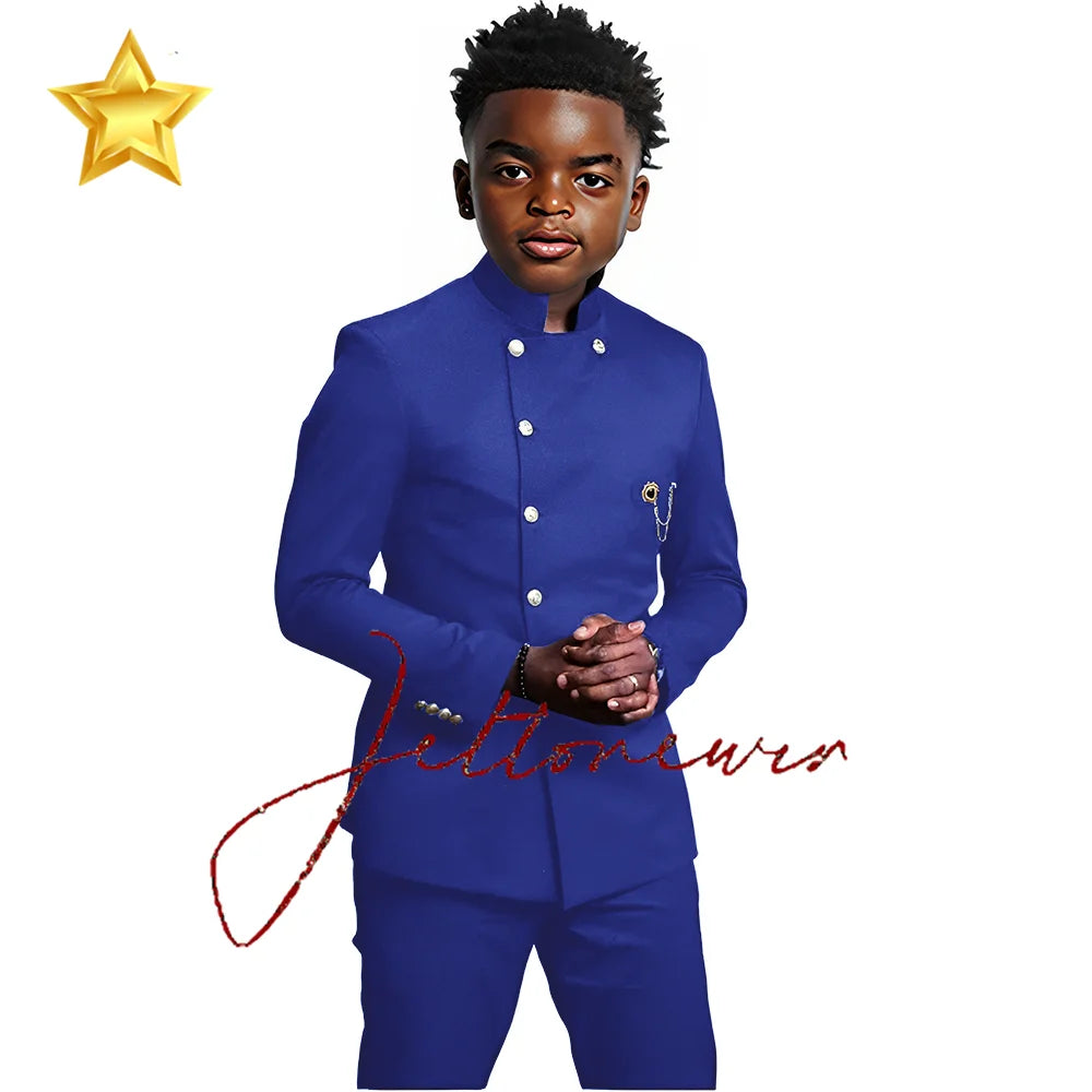 Elegant African Style Boy's Suit Stand Collar Blazer and Pants 2 Piece Casual Business Kids Wear