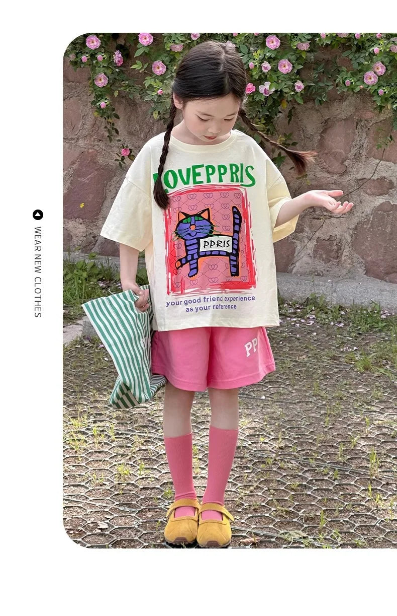 2026 New Children's casual Set Summer fashion girls' internet-famous sporty short-sleeved pants summer wear 4-14Years old girls
