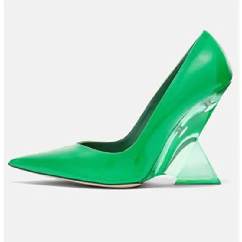 Summer 2024 New High Heels Thick Sole Thick Heel Lacquer Leather Shallow Mouth Pointed Fashion Sexy Women's Oversized Shoes