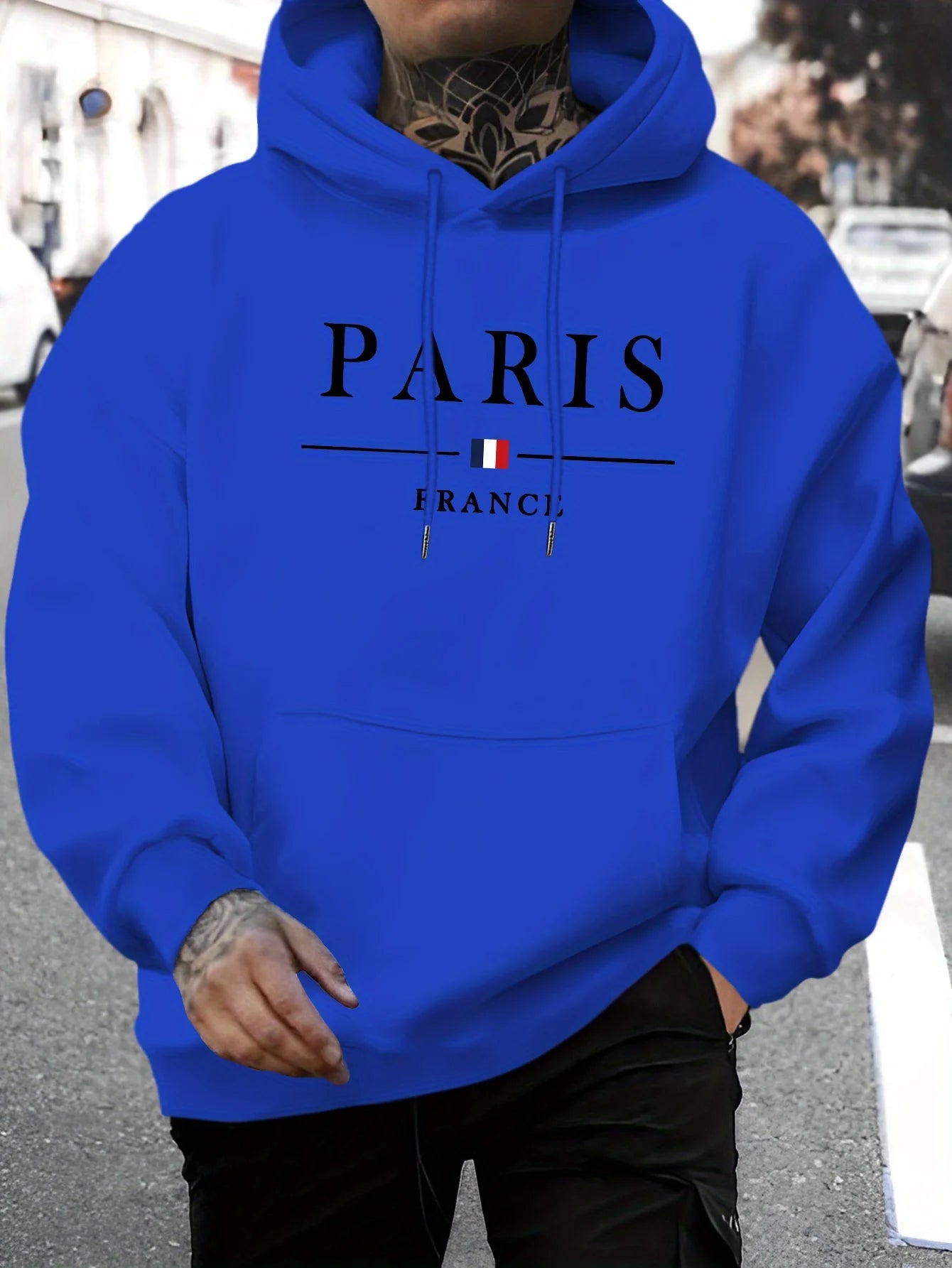Men's autumn and winter casual fashion loose Paris letter pattern printed long sleeved hooded sweatshirt warm pullover BAZAARHUBO