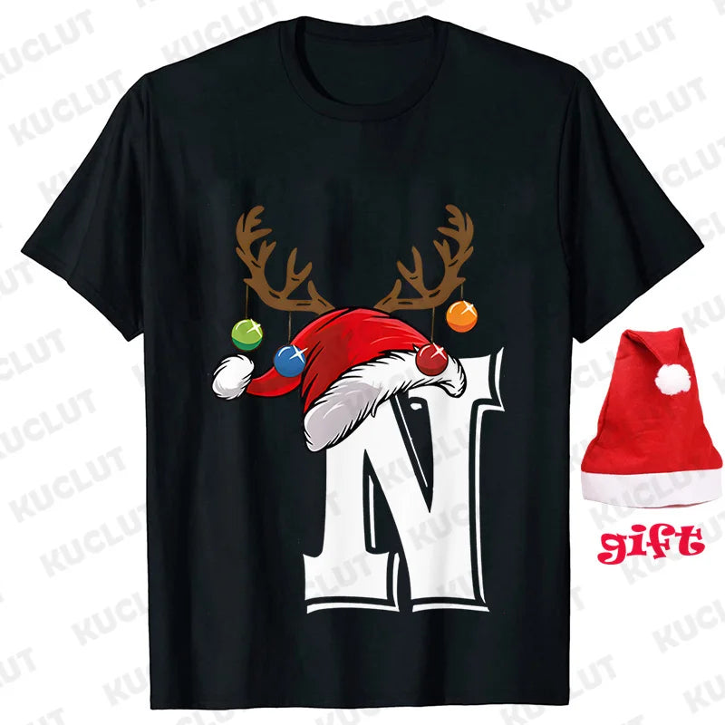 Funny Christmas Party Tshirt Fashion Women T Shirt Tops Short Sleeves T-shirt 26 A~Z Alphabet Casual Tees with Santa Hat Gift