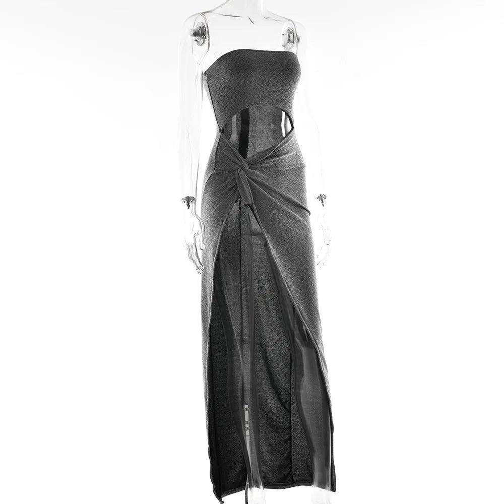 Cryptographic Summer Sexy Strapless Cut Out Slit Maxi Dress Elegant Outfits for Women Sleeveless Glitter Twist Dresses Vestido