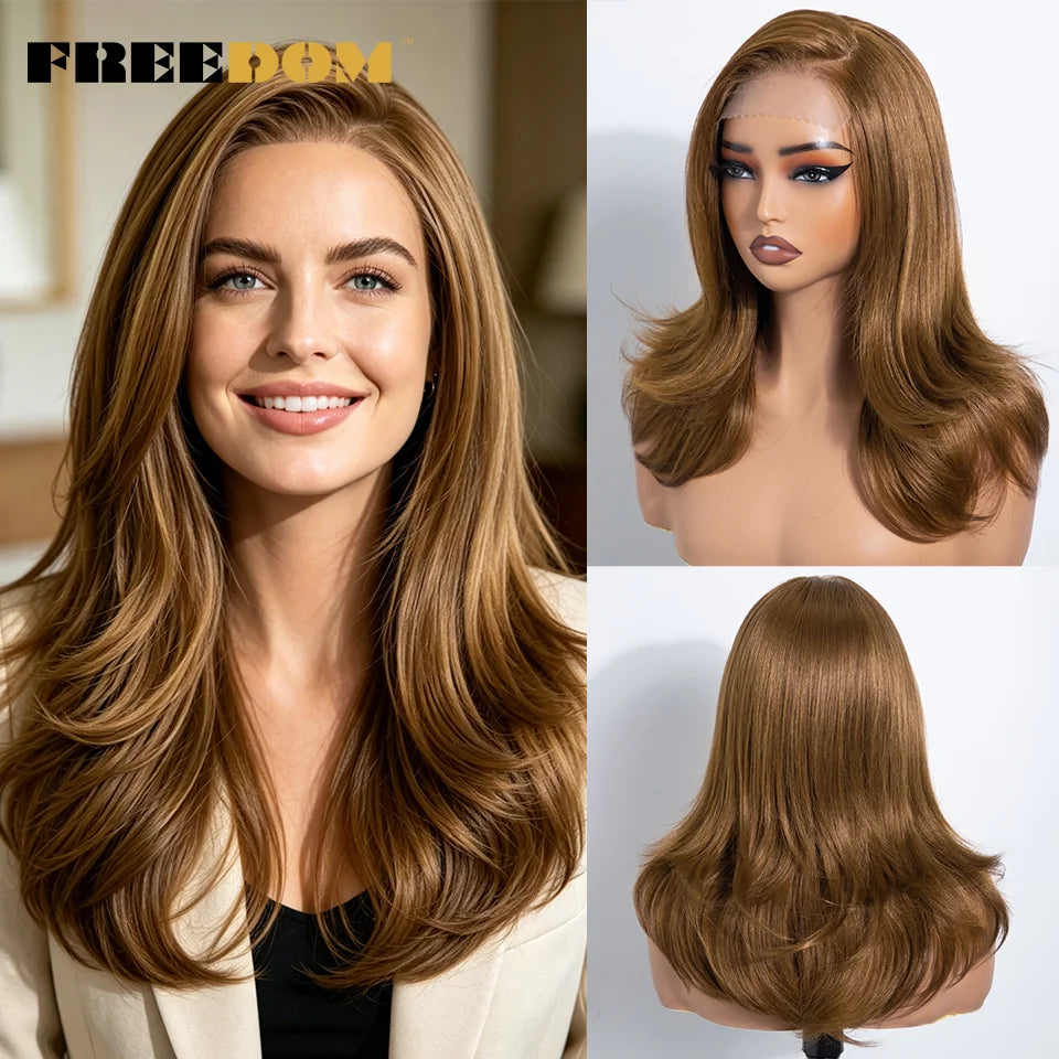 FREEDOM Synthetic Lace Front Wigs For Women 20" Layered Ombre Brown Blonde Wig 6x4 Pre-plucked Easy Wear And Go Glueless Wigs