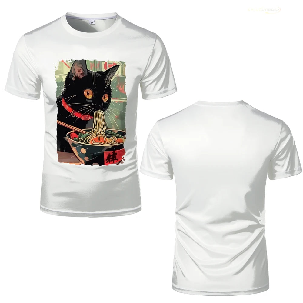 Japanese Anime-Style Ramen Black Cat Graphic T-Shirt Kawaii Animal Print Casual Daily Home Tees Classic O-Neck Short Sleeve Tops