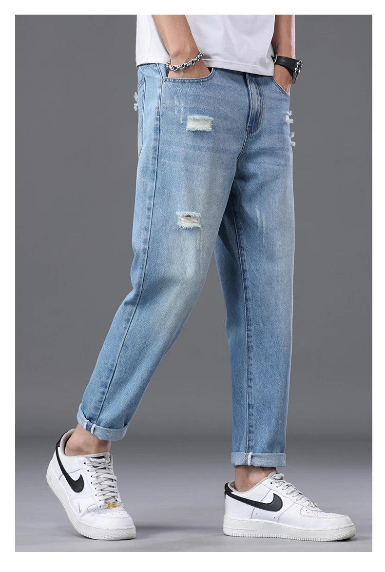 2026 Spring Summer Men's Ripped Jeans Cotton Trendy Straight Casual Denim Pants Trousers Outdoor Pastoral Outing