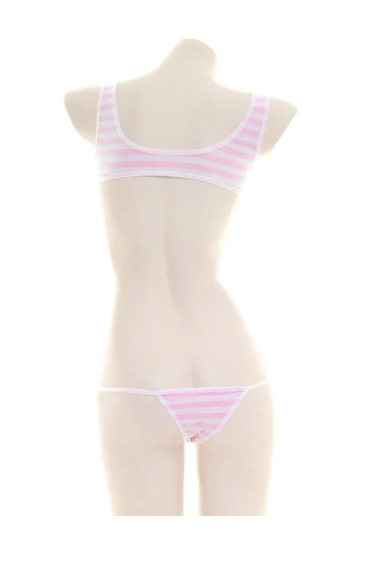 Sexy Japanese Style  Blue White Stripe Bikini Swimsuit Striped Halter Micro Bikini Set Love Female StudenLolita Kawaii Swimsuit