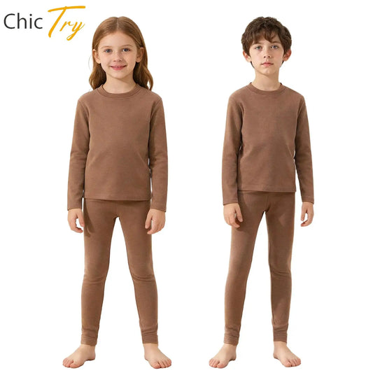 Kids Girls Boys 2-Piece Thermal Underwear Set Sleepwear Autumn Outfit Round Neck Long Sleeve Top+Leggings Set for Casual Outdoor