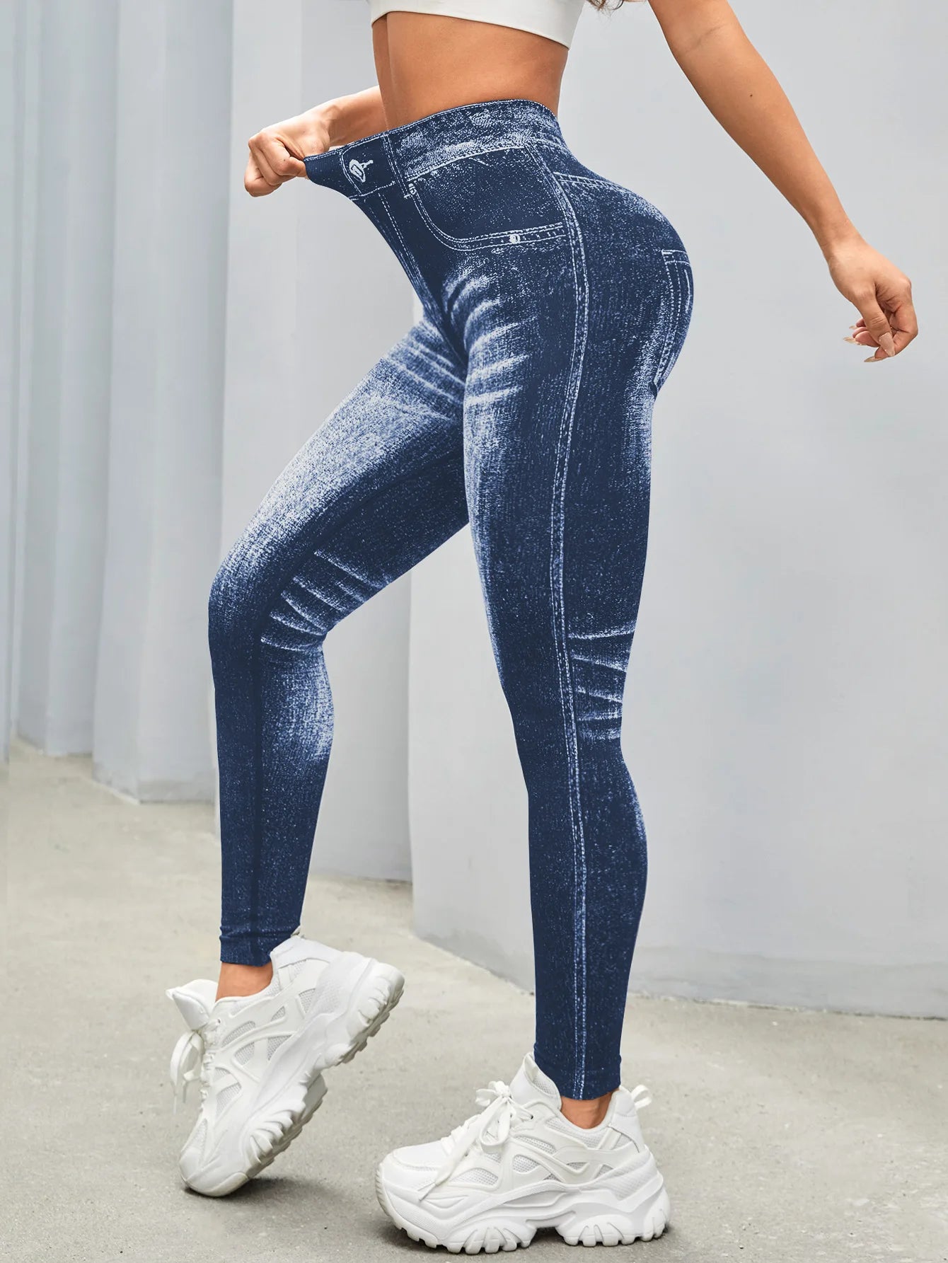 Women V Back Faux Denim Leggings For Gym Workout Athletic Yoga Pants Seamless