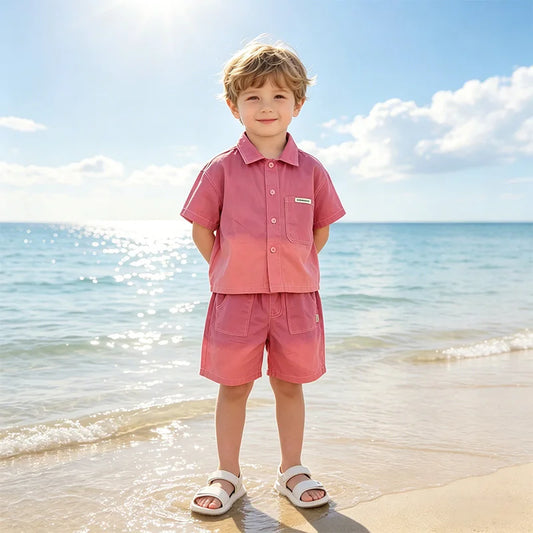 2026 New Boys Fashion Gradient Pink Shirt Shorts Set Loose Fit Casual Kids Two Piece Outfit Breathable Children's Streetwear 3-8