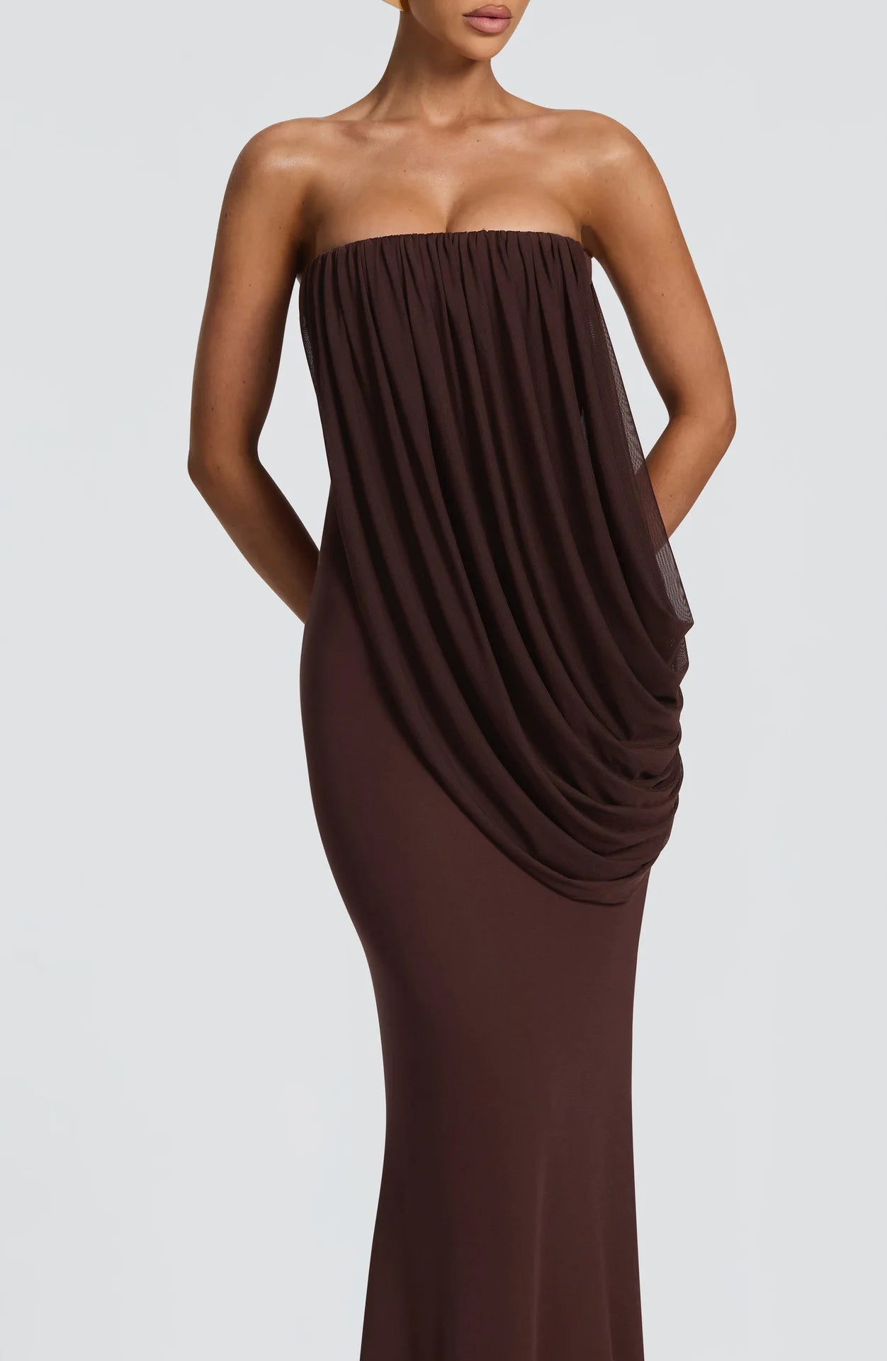 Resort Strapless Draped Mermaid Maxi Dress Cascading Diagonal Draped Bodycon Floor-length Robe Fashion Editorial Shooting Robes