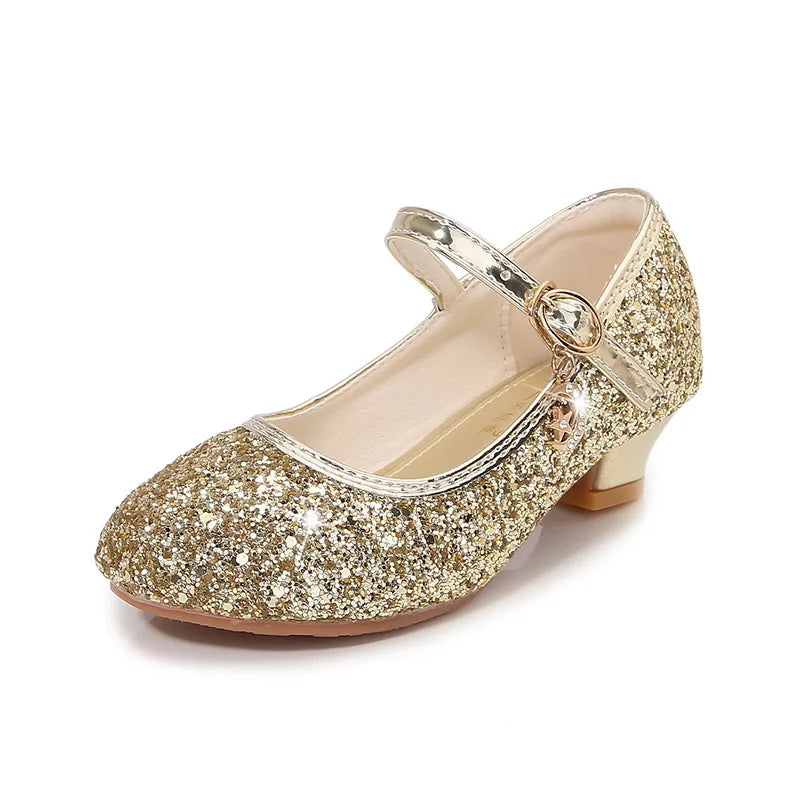 Classic Children High Heels Leather Shoes Fashion Sequins Elegant Kids Girls Wedding Shoes Princess Party Dress Single Shoes