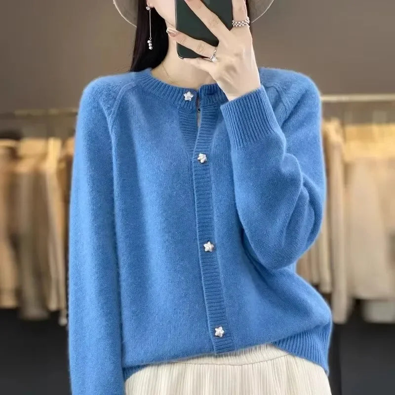 New Women Cardigan Sweater Autumn/Winter Round Neck Star Button Solid Knit Bottoming Shirt Jacket Quality Knitwear Female Tops