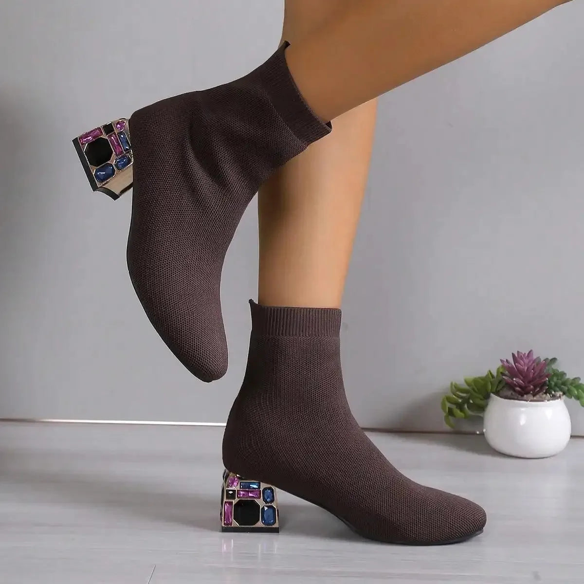 Women Hot Sale High Heels Short Boots 2023 Winter Designer Square Toe Mesh Breathable Stretch Sock Boots Slip on Platform Shoes