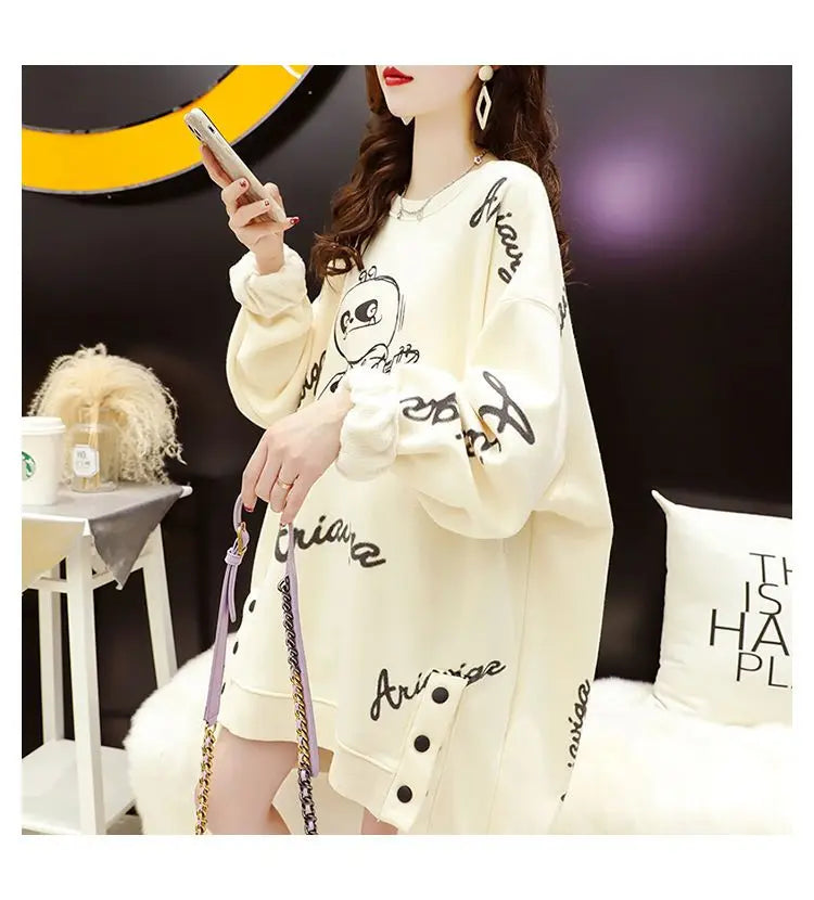 Spring Autumn Y2K Harajuku Printed Sweatshirts Women Round Neck Long Sleeve Mid-length Pullovers Korean Button Asymmetrical Tops