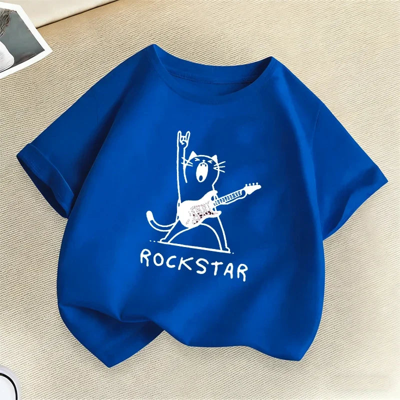 Funny Rock Star with Music Cat Children T-Shirts Summer Hip Hop Kids T-shirt Boys Girls Casual Fashion Colorful Top Tee Shirt
