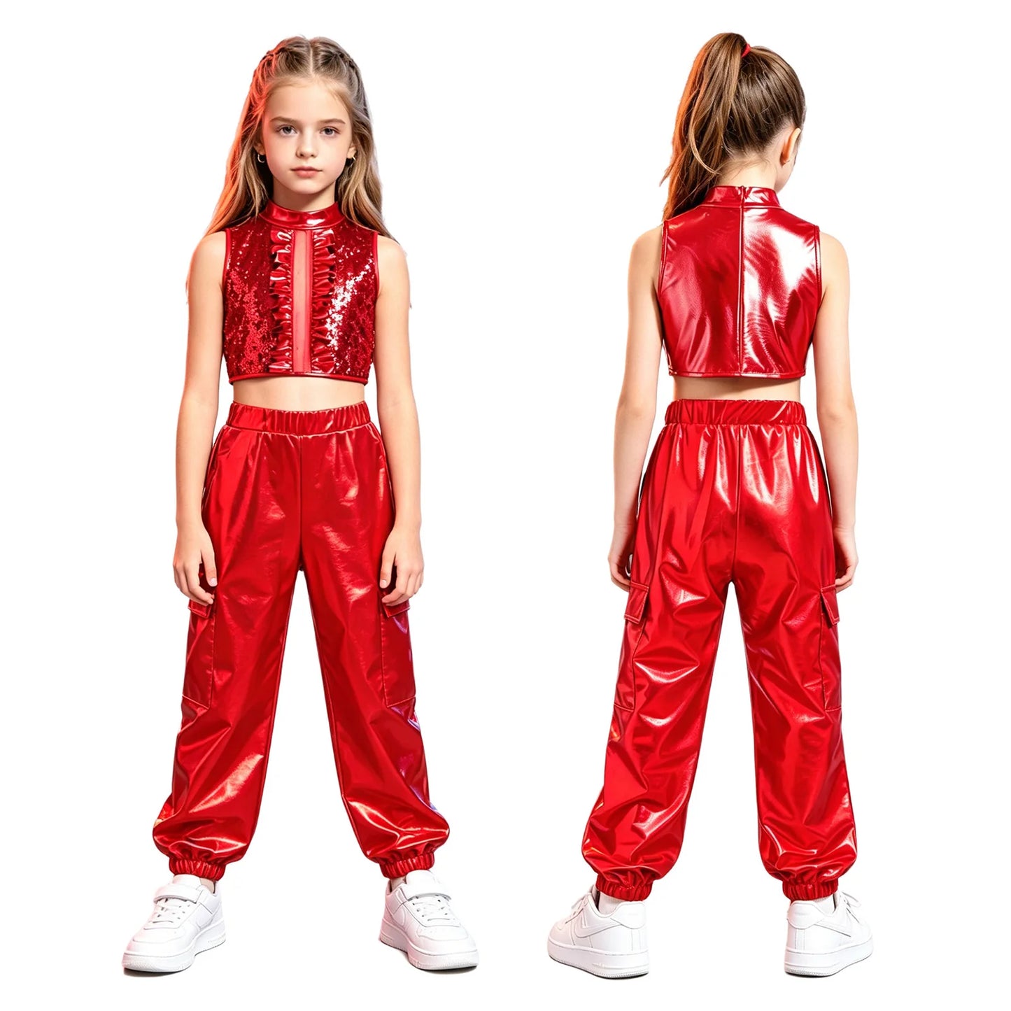 Kids Girls Disco Jazz Hip Hop Dance Outfit Sleeveless Shiny Sequin Ruffle Crop Top with Metallic Pants School Show Party Costume