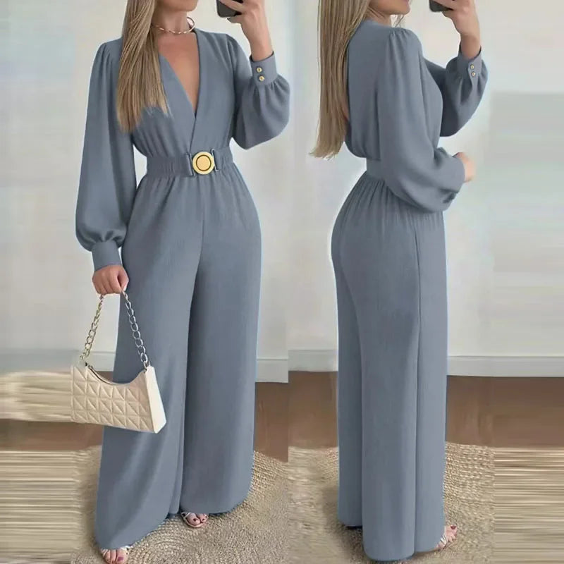 V Neck Solid Long Jumpsuits Fashion Commuting Belt Lace-Up Puff Sleeves Wide Legger Romper Casual Long Sleeve Women's Playsuit