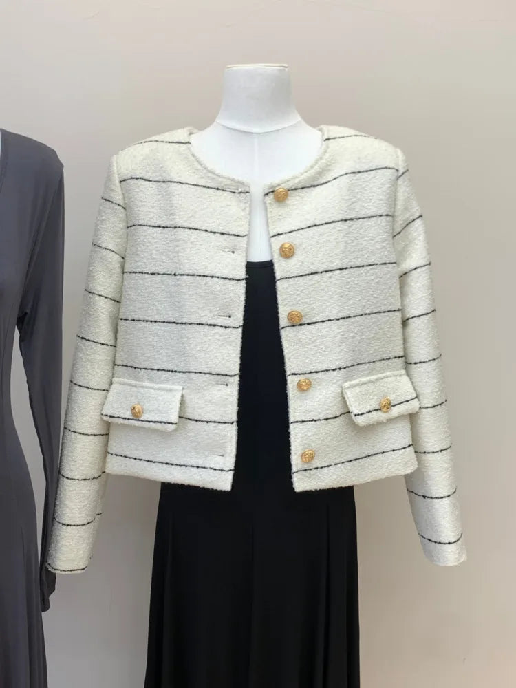 Korean Fashion Casual Small Fragrance Tweed Jacket Coat Women Fall Winter Fried Street Striped Coat Casaco Woolen Outwear Top