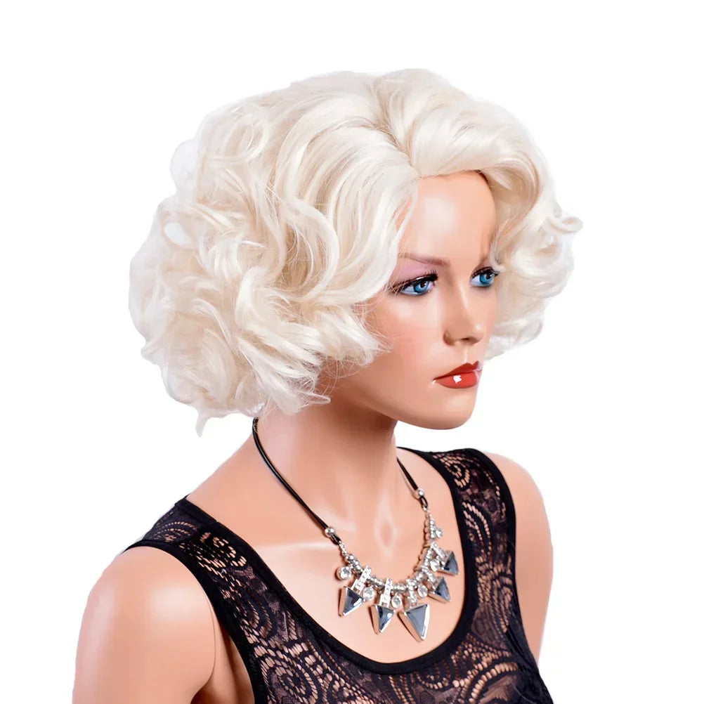 GNIMEGIL Synthetic Cosplay Wig Short Curly Hair Platinum Blonde Wigs for White Women Fluffy Curls Flip 60s Gatsby Hairstyle Wigs