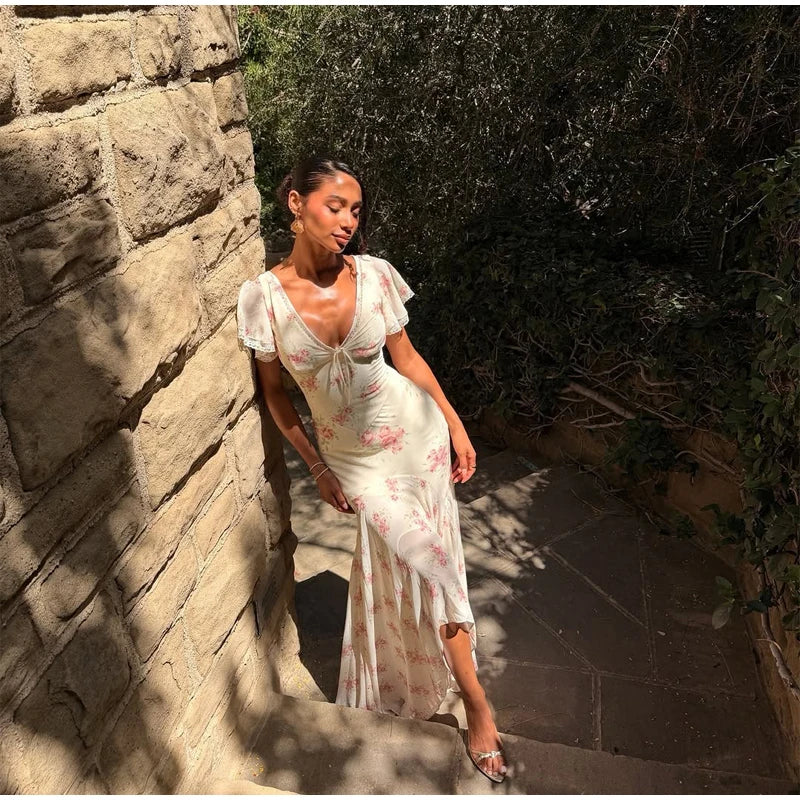 Chic Floral Puff Sleeve Women Maxi Dress Sexy V Neck Button Down Ruffle Slit Vestidos 2026 Summer New Lady Daily Party Sundress