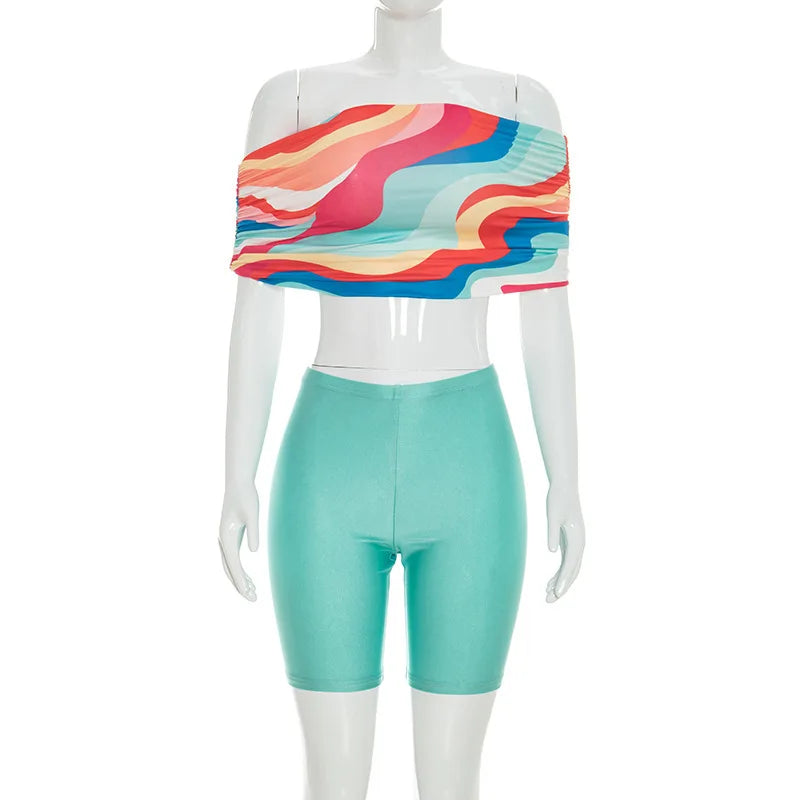 Sexy 2 Piece Set Women Clothes One Shoulder Printed Crop Top and Tight Biker Shorts Matching Sets Outfit Female Streetwear
