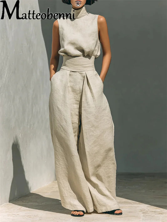 Women Summer Fashion Casual Loose Solid Suit Cotton Linen Set Sleeveless Tops Wide Leg Pants Office Ladies 2 Piece Sets 2026