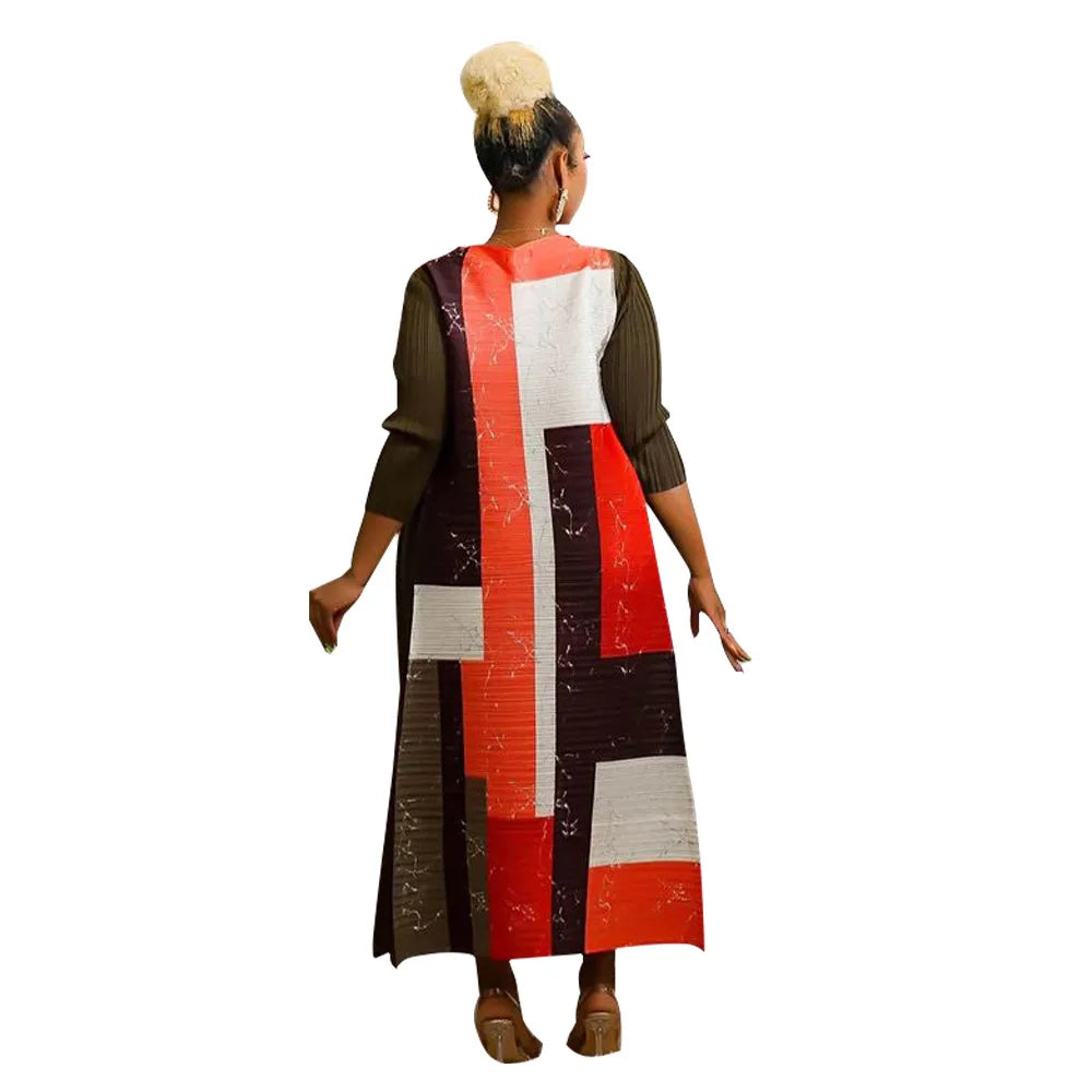 African Dresses for Women Summer Fashion Style African 3/4 Sleeve Polyester O-neck Pleated Dress Dashiki African Clothes Women