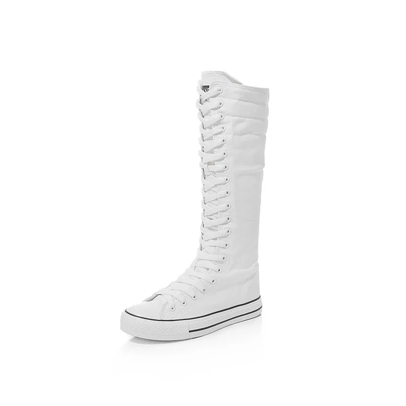 New Women's Canvas Boots Zip Shoes Comfortable Womens Shoes Flat High-top Female Sneakers Lace-up Knee-high Boots Bota Feminina