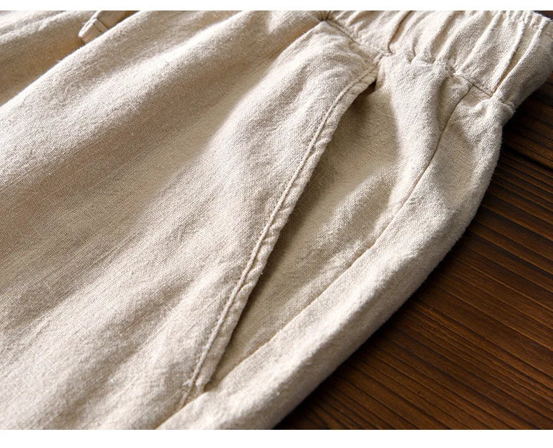 70% Linen,30% Cotton Men's Drawstring Elastic Waist Casual Pants, Straight Loose Ramie Trousers, Camping Fishing Comfortable