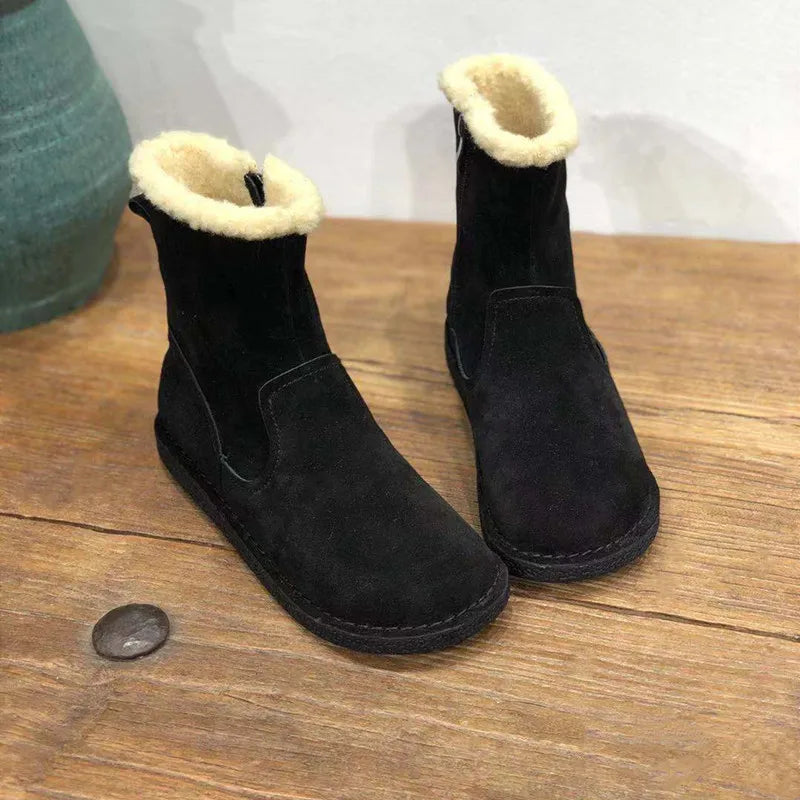 Careaymade-Genuine cow leather Snow cotton round head flats woolen short boots plush warm snow boots Oversized shoes size 35-43