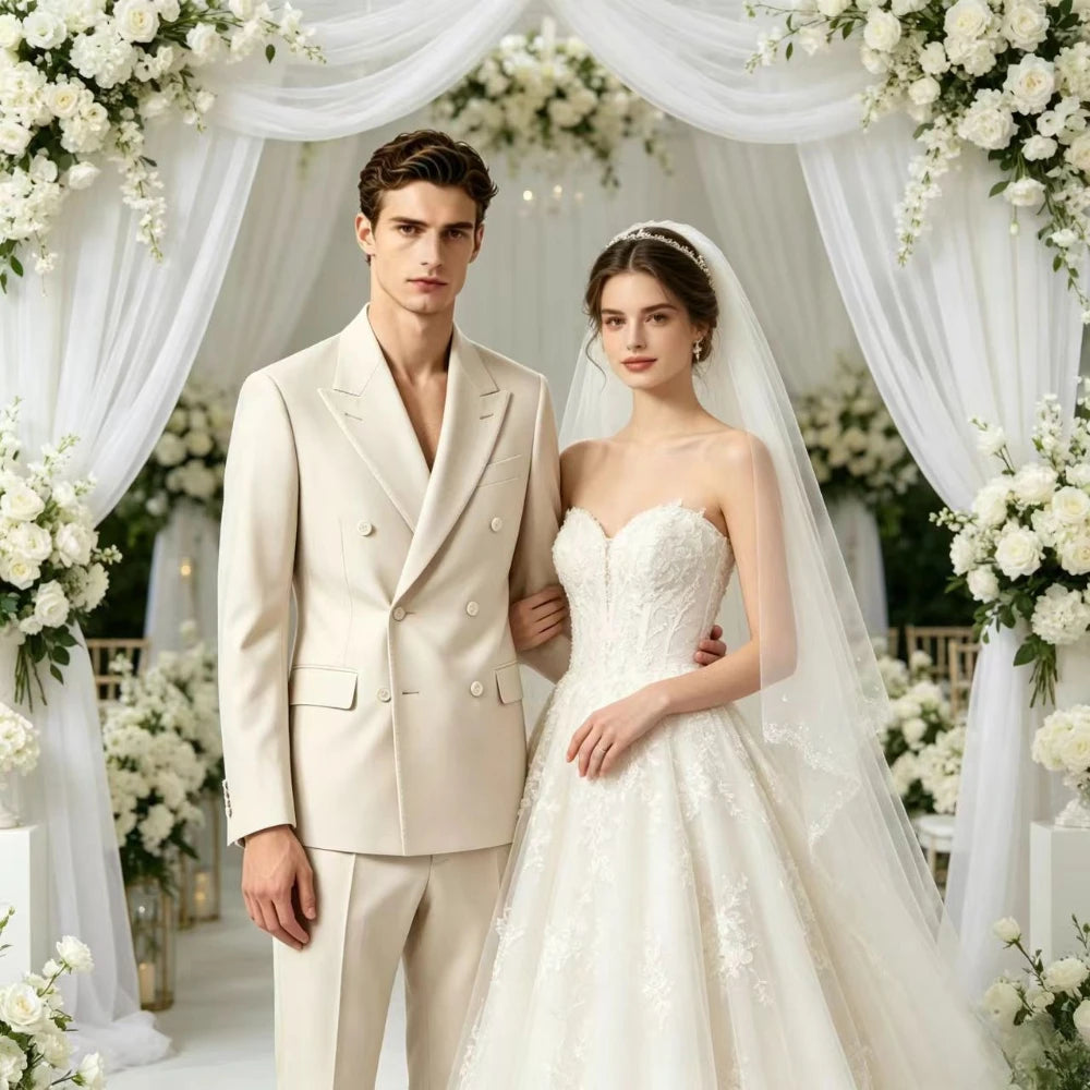 Men Double Breasted Suits For Wedding High Quality Slim Fit 2 Pieces Set Elegant Jackets Pants Blazers Fashion Classic Formal