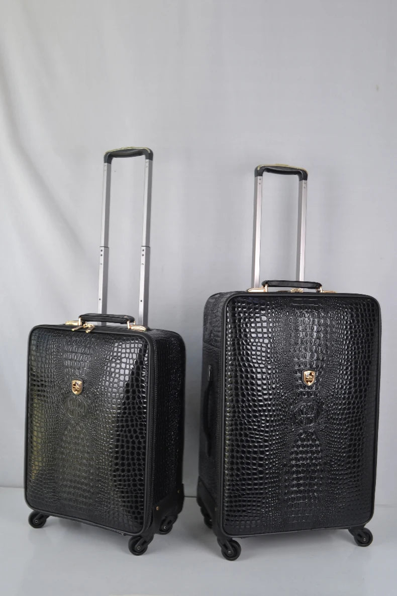 Crocodile pattern leather rolling luggage 16/20/24 inch boarding trolley suitcase real leather men's and women's travel luggage