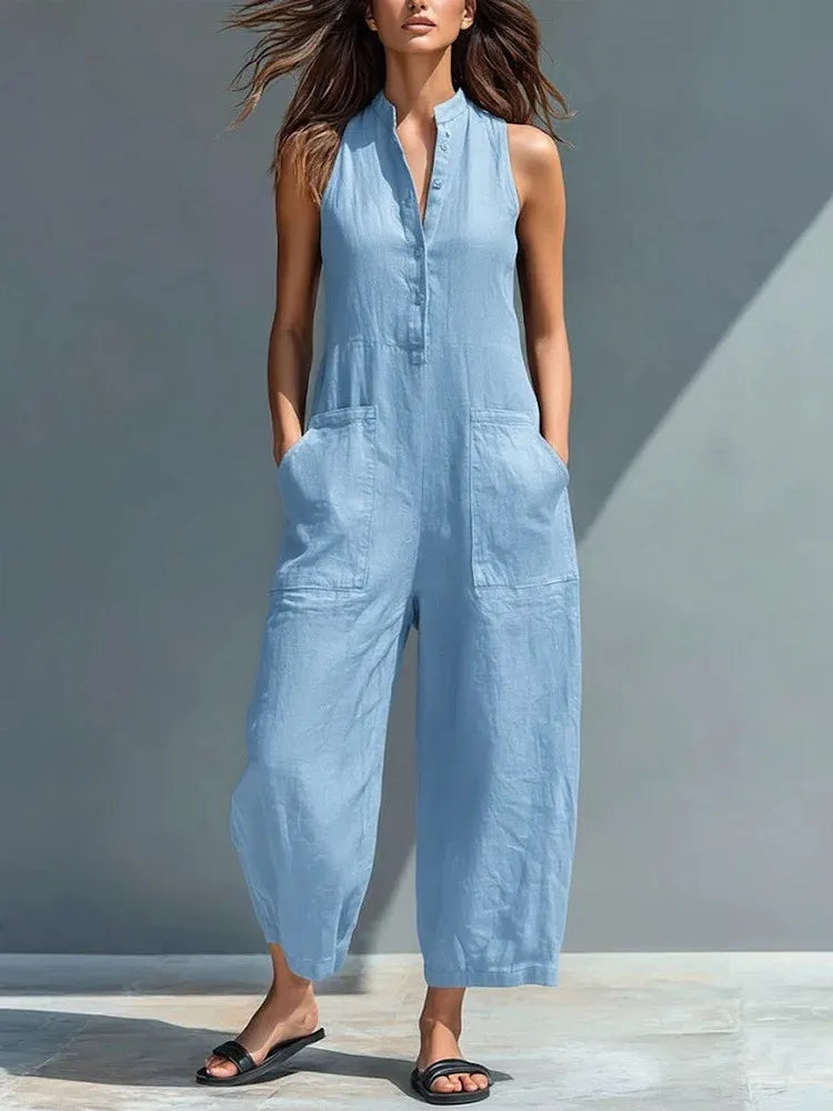 Summer Casual Sleeveless Stand Up Collar Pocket Jumpsuits Women Macacão Feminino Combinaison Femme Monos De Mujer Casuales