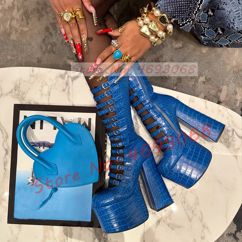 Blue Strappy Platform Mid Calf Boots Women Spring Crocodile Print Round Toe Boots Ladies 14 Buckle Straps Chunky High Heel Shoes