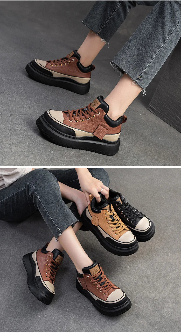 Myjyjz 4.5cm Cow Genuine Leather Women Spring Platform Wedge Flats Chunky Sneakers Lace Up Autumn Loafer Vulcanize Shoes Rubber