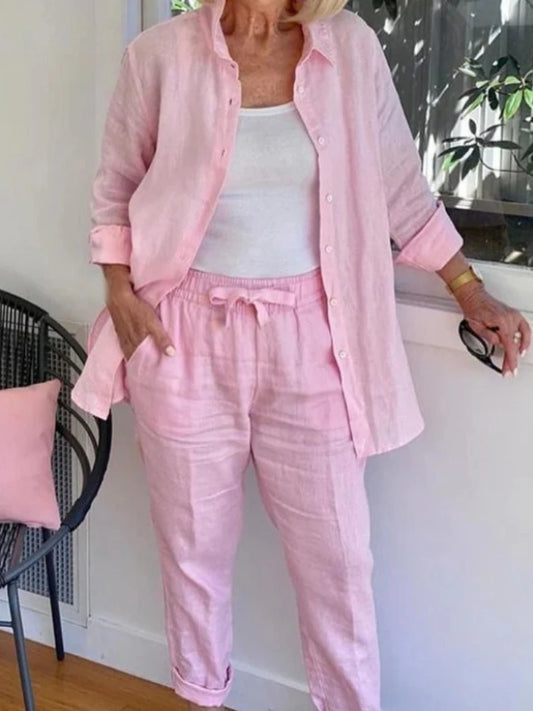Spring Summer Cotton Linen Set Women Loose Oversize Long Sleeve Shirt Long Pants 2 Piece Sets Casual Office Ladies Trousers Suit