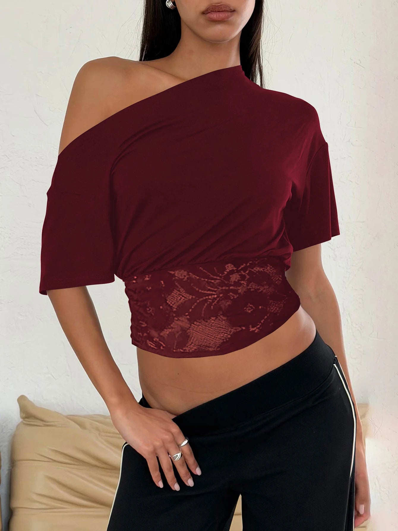 Dulzura Inclined Shoulder Short Sleeve Slim Lace Patchwork T-Shirt Women'S Vintage Sexy Casual Y2K Top Party Club Summer Clothes