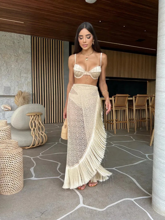 Sexy 3Pieces Push Up Bikini Set Women Swimsuit High Waist Perspective Tassel Skirt Beach Outing Bathing 2024 Feminine Swimwear