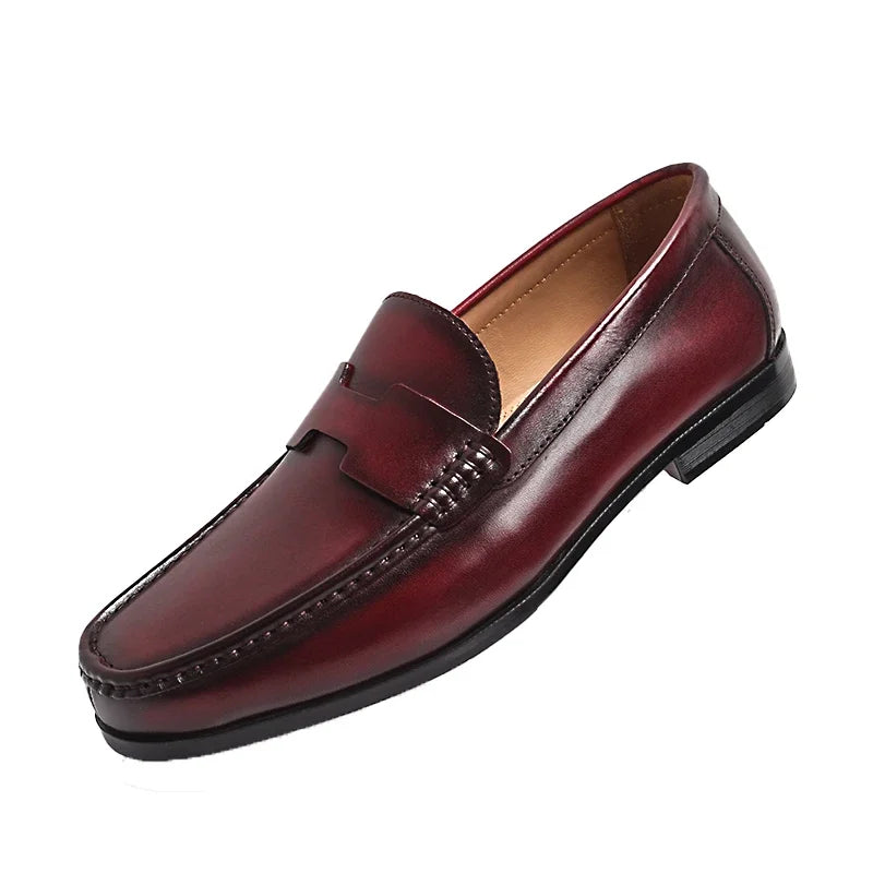 Men's High-End Genuine Leather Loafers Comfortable Flat Casual Glossy Wine Red Handmade Office Banquet Shoes
