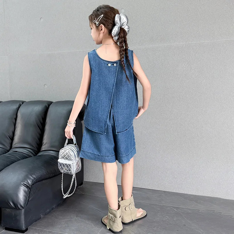 High Fashion Children Summer Denim Suit for Girls Casual Vest + Shorts 2 Piece Clothing Set Kids Trendy Street Outfit Age 5-14 Y