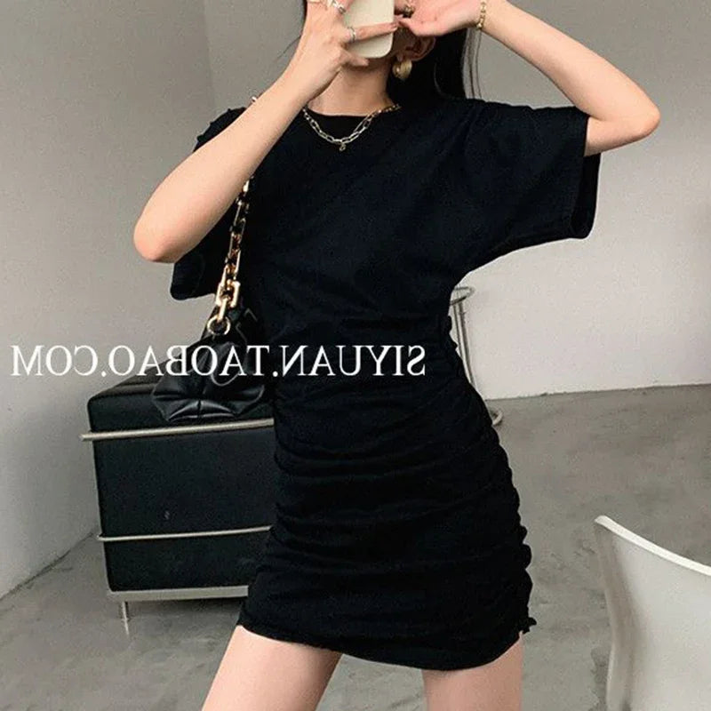 2025 Summer Lady Concise Fashion Ruched Wrap Hip Dress Women Solid Color Thin Short Skirts Female Chic Korean Sexy Party Dress