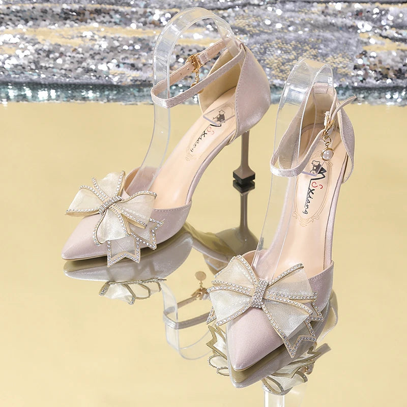 Rimocy Sexy Thin Heels Ankle Strap Pumps Women Lace Bowknot Wedding Party Shoes Woman Elegant Pointed Toe Silk High Heels Shoes
