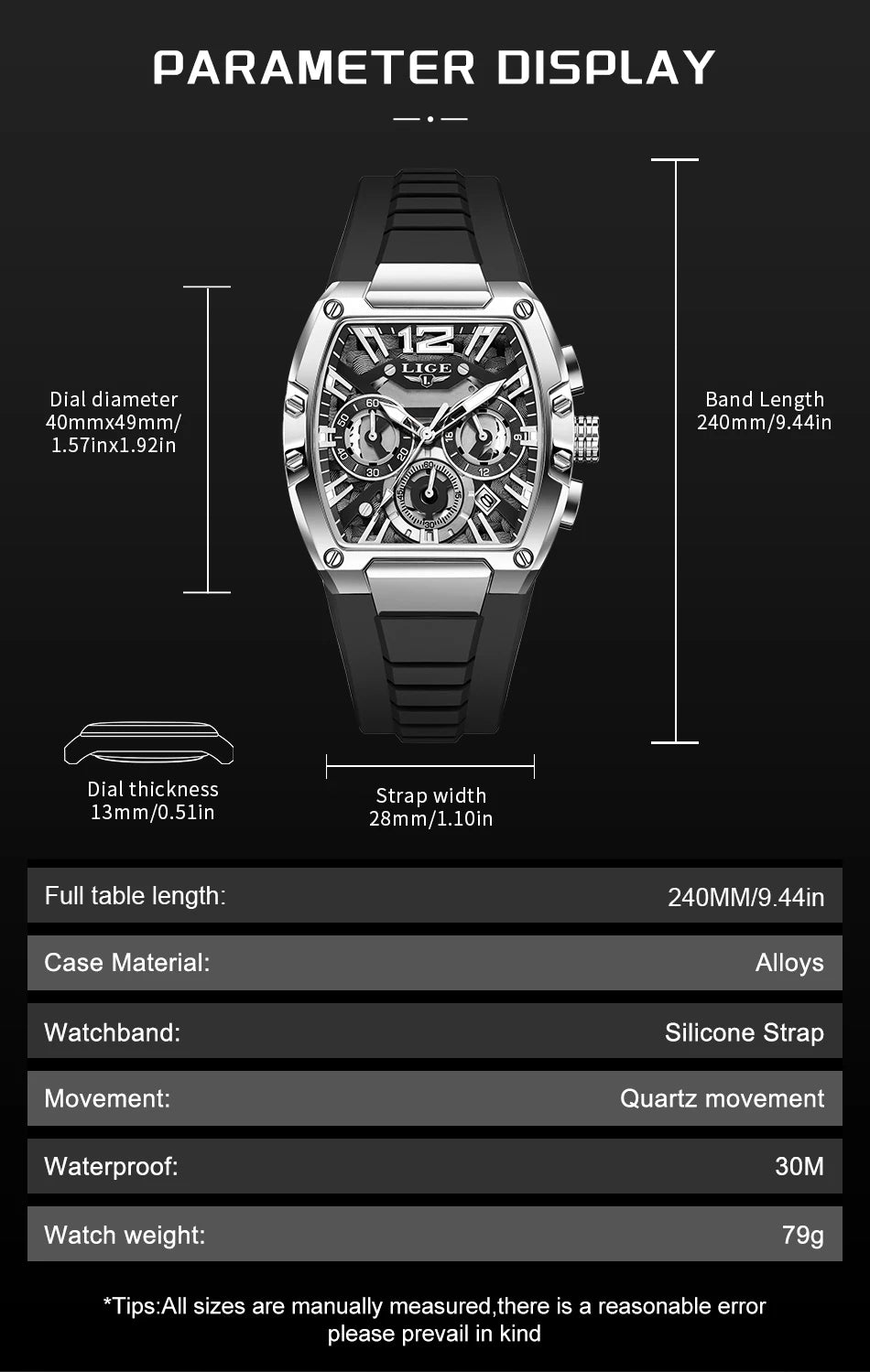 LIGE Fashion Simple Man Watch Casual Sports Military Waterproof Silicone Strap Luminous Quartz Watches for Men Chronograph Gifts
