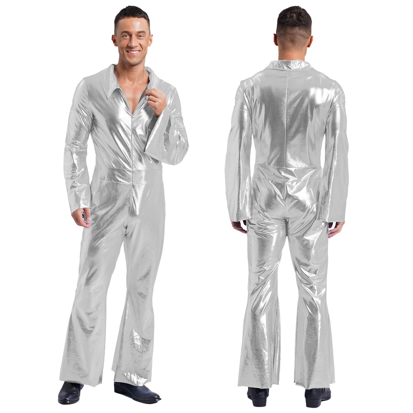 Mens 70s Disco Hippies Jazz Dance Performance Costume Metallic Shiny Unitards Jumpsuit Wide Leg Pants Rompers Vintage Clubwear