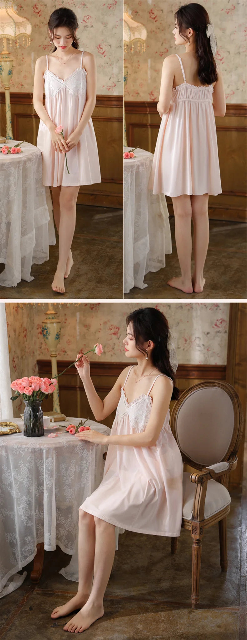 Summer New Sweet Palace Embroidered Lace Knitted Cotton Small Sexy Sling Lace Nightdress Princess Pajamas