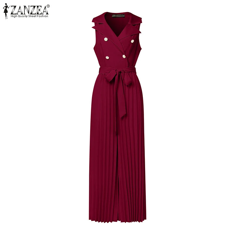 Fashion Women Jumpsuits 2026 ZANZEA Summer Rompers Elegant Wide Leg Work OL Overalls V Neck Sleeveless Pleated Playsuit Trousers