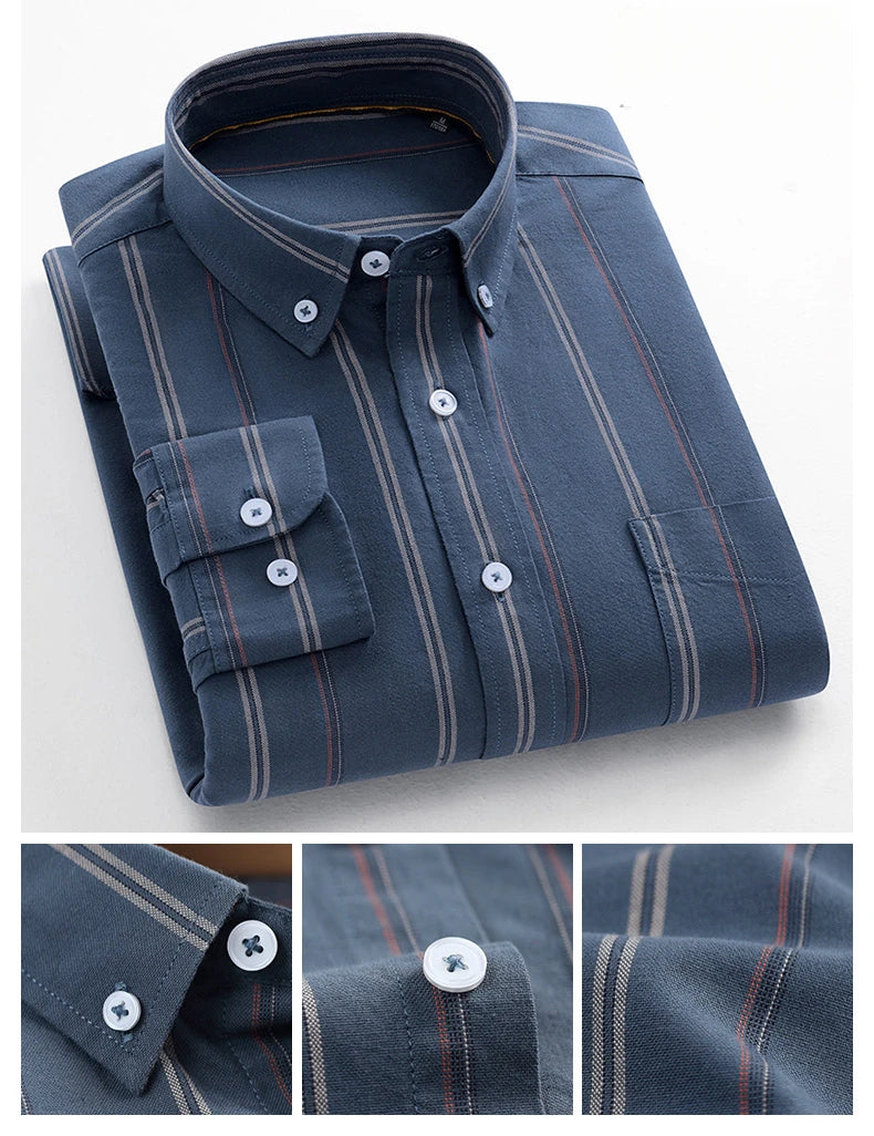 Fashion korean trends casual long-sleeve shirts for men slim fit plain shirt 100%cotton plaid striped tops soft designer clothes