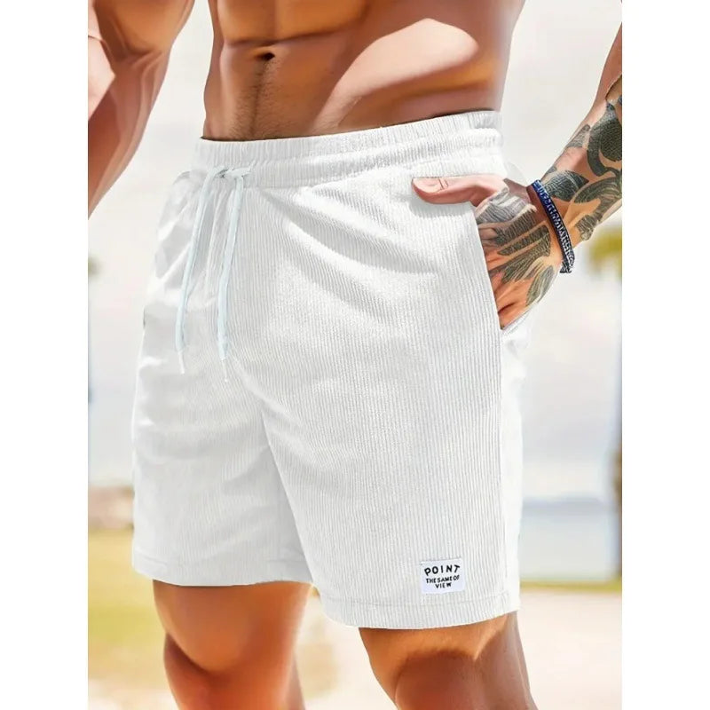 Men's Workwear Shorts Summer Casual Corduroy Loose Elastic Waist Multi-Pocket Leisure Pants Embroidery Retro Style Male Trousers