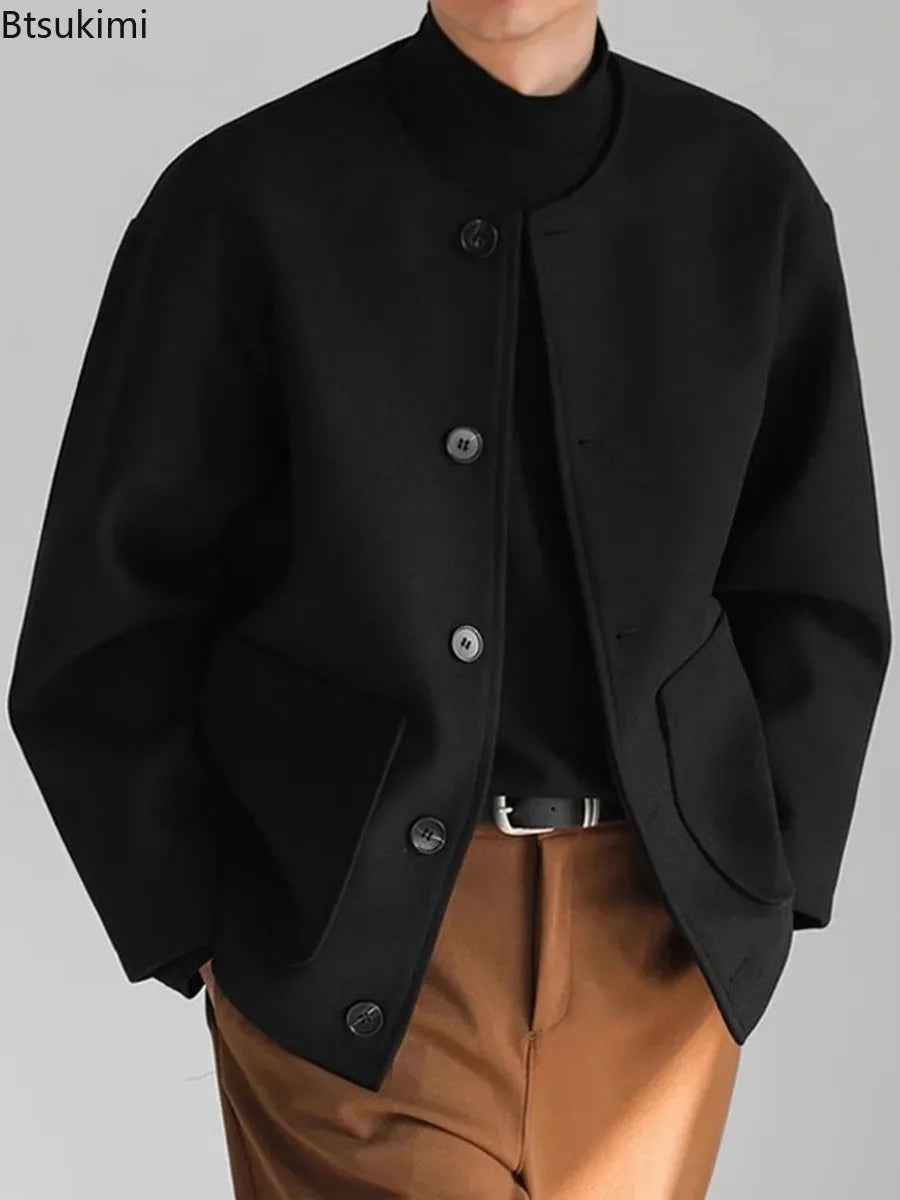 Korean Style Popular Double Side Jackets for Men Light Luxury Solid Fashion Button-up Neckless Woolen Coats Men Leisure Jackets